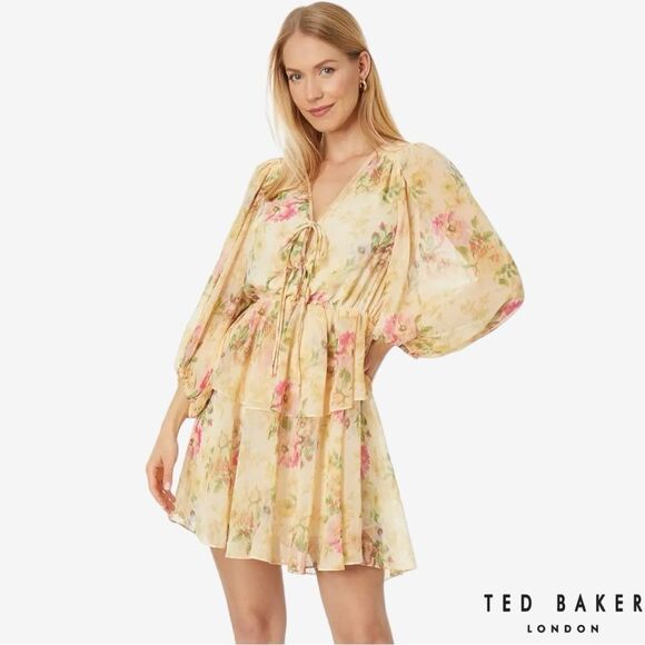 Ted Baker **NWT** Tamziiy Floral Print Tie Front Mini Dress, Tan - Picture 2 of 12